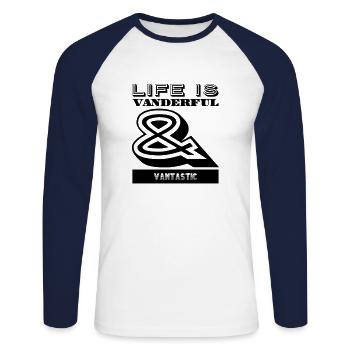 Van Life : Life is Vanderful and Vantastic - T-shirt baseball manches longues Homme - blanc/marine - Devant - Nik (191cm)