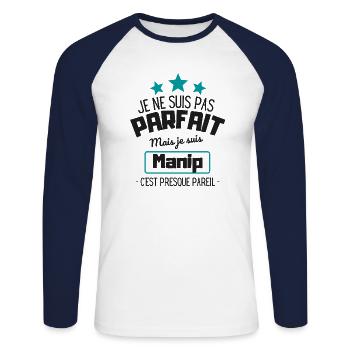 Je ne suis pas parfait mais je suis manip - T-shirt baseball manches longues Homme - blanc/marine - Devant - Nik (191cm)