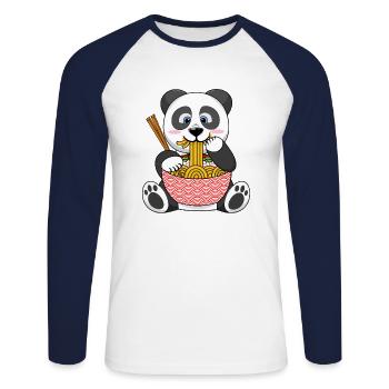 Ramen Nudeln essen Kawaii Panda Anime - Unisex Baseballshirt langarm - Weiß/Navy - Vorne - Nik (191cm)
