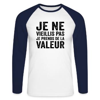 Je Ne Vieillis Pas Je Prends De La Valeur - T-shirt baseball manches longues Homme - blanc/marine - Devant - Nik (191cm)