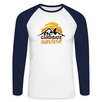 PHD Candidat Survivor Drôle Vintage - T-shirt baseball manches longues Homme - blanc/marine - Devant - Nik (191cm)