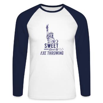 Sweet land axe throwing axe throw sport shirts - Unisex Long Sleeve Baseball T-Shirt - white/navy - Front - Nik (191cm)