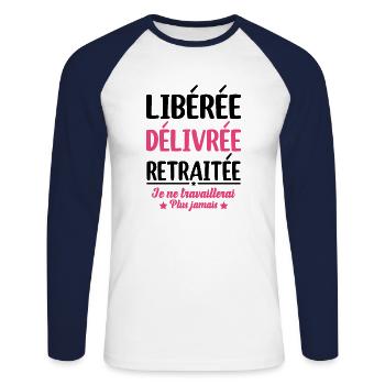 Libérée Délivrée Retraitée Retraite Cadeau Fun - T-shirt baseball manches longues Homme - blanc/marine - Devant - Nik (191cm)