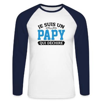 Papy Qui Déchire Fête Des Pères Anniversaire Noël - T-shirt baseball manches longues Homme - blanc/marine - Devant - Nik (191cm)