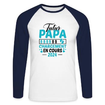Futur Papa 2024 Idée Cadeau Annonce Grossesse - T-shirt baseball manches longues Homme - blanc/marine - Devant - Nik (191cm)