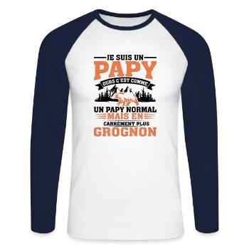 Papy Ours Plus Grognon Anniversaire Noël Cadeau - T-shirt baseball manches longues Homme - blanc/marine - Devant - Nik (191cm)