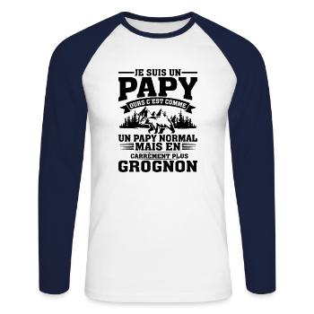 Papy Ours Plus Grognon Anniversaire Noël Cadeau - T-shirt baseball manches longues Homme - blanc/marine - Devant - Nik (191cm)