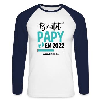 Bientôt Papy En 2022 Idée Cadeau Annonce Grossesse - T-shirt baseball manches longues Homme - blanc/marine - Devant - Nik (191cm)
