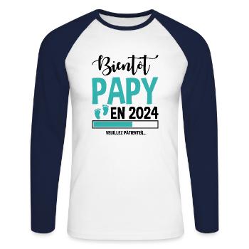 Bientôt Papy En 2024 Idée Cadeau Annonce Grossesse - T-shirt baseball manches longues Homme - blanc/marine - Devant - Nik (191cm)