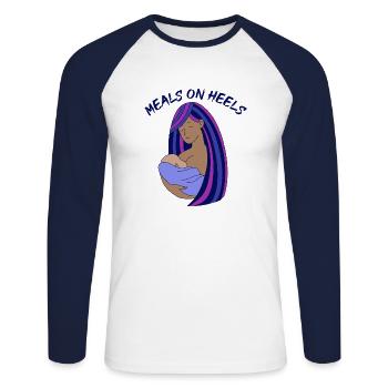 Meals On Heels breastfeeding woman of color mother - Unisex Long Sleeve Baseball T-Shirt - white/navy - Front - Nik (191cm)