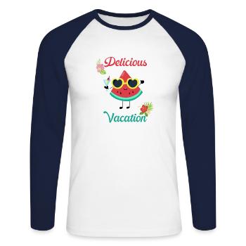Drôle de fruit pastèque délicieux plaisir de vacances - T-shirt baseball manches longues Homme - blanc/marine - Devant - Nik (191cm)