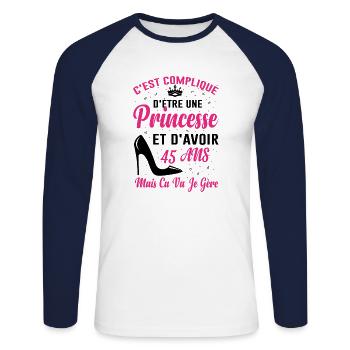 Princesse 45 Ans Idée Cadeau Anniversaire Amour - T-shirt baseball manches longues Homme - blanc/marine - Devant - Nik (191cm)