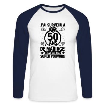 Cadeau Pour 50 Ans De Mariage - T-shirt baseball manches longues Homme - blanc/marine - Devant - Nik (191cm)