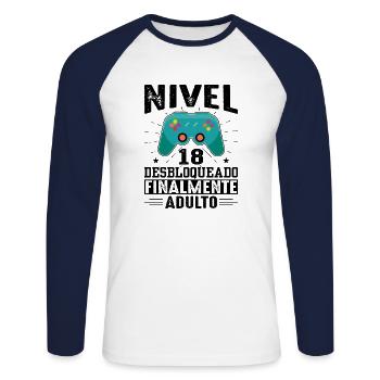 Niveau 18 Débloqué Anniversaire 18 Ans - T-shirt baseball manches longues Homme - blanc/marine - Devant - Nik (191cm)