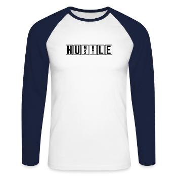 Hustle Humble - Unisex Long Sleeve Baseball T-Shirt - white/navy - Front - Nik (191cm)