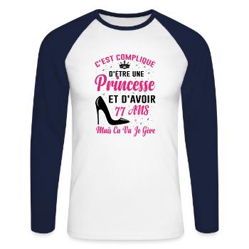 Princesse 77 Ans Idée Cadeau Anniversaire Amour - T-shirt baseball manches longues Homme - blanc/marine - Devant - Nik (191cm)