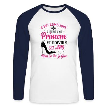 Princesse 93 Ans Idée Cadeau Anniversaire Amour - T-shirt baseball manches longues Homme - blanc/marine - Devant - Nik (191cm)