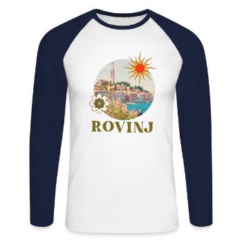 Cooles Retro Design Sommer Strand Palmen Rovinj - Unisex Baseballshirt langarm - Weiß/Navy - Vorne - Nik (191cm)