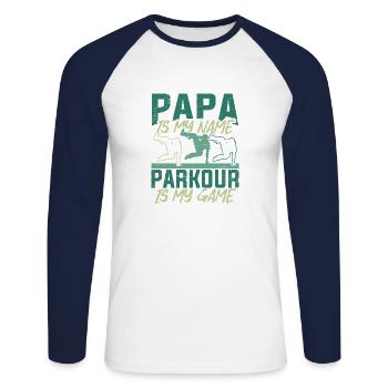 Parkour Papa Run Jump Flip Freerunning Acrobatics - Unisex Long Sleeve Baseball T-Shirt - white/navy - Front - Nik (191cm)