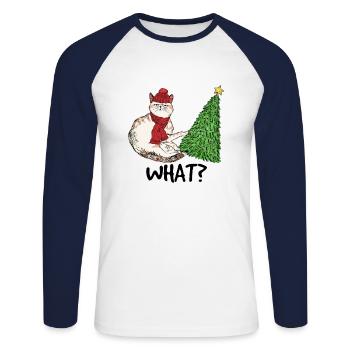 Cheeky cat with Christmas tree and cap children's kit - Unisex Long Sleeve Baseball T-Shirt - white/navy - Front - Nik (191cm)