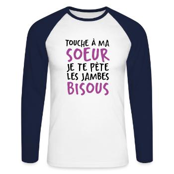 Touche À Ma Soeur Je Te Pète Les Jambes Bisous - T-shirt baseball manches longues Homme - blanc/marine - Devant - Nik (191cm)