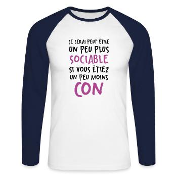 Humour Drôle Un Peu Plus Sociable Si Moins Cons - T-shirt baseball manches longues Homme - blanc/marine - Devant - Nik (191cm)