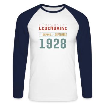 Légendaire Depuis Septembre 1928 Anniversaire - T-shirt baseball manches longues Homme - blanc/marine - Devant - Nik (191cm)