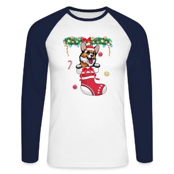 Noël - Mignon Cardigan Welsh Corgi Dog à Noël - T-shirt baseball manches longues Homme - blanc/marine - Devant - Nik (191cm)