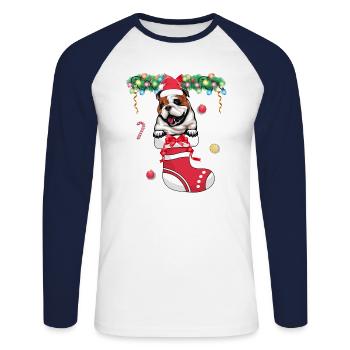 Funny Xmas - Cute English Bulldog Dog in Christmas - Unisex Long Sleeve Baseball T-Shirt - white/navy - Front - Nik (191cm)