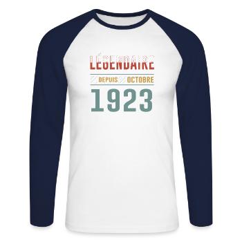 Légendaire Depuis Octobre 1923 Anniversaire - T-shirt baseball manches longues Homme - blanc/marine - Devant - Nik (191cm)