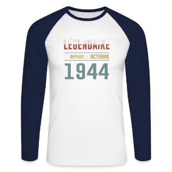 Legendary since October 1944 Anniversary - Unisex Long Sleeve Baseball T-Shirt - white/navy - Front - Nik (191cm)