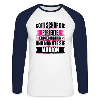 Erzgebirge Frau Namen Sachsen Marion - Unisex Baseballshirt langarm - Weiß/Navy - Vorne - Nik (191cm)