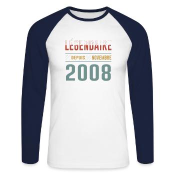 Légendaire Depuis Novembre 2008 Anniversaire - T-shirt baseball manches longues Homme - blanc/marine - Devant - Nik (191cm)