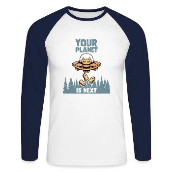 Alien Galaxy Space Cat Lover Your Planet Is Next - Unisex Baseballshirt langarm - Weiß/Navy - Vorne - Nik (191cm)