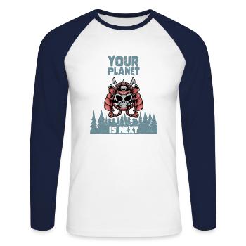 Alien Galaxy Space Lover Your Planet Is Next - Unisex Baseballshirt langarm - Weiß/Navy - Vorne - Nik (191cm)