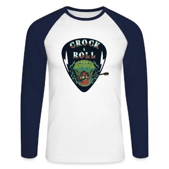 Crock & Roll Teufelsgruß Krokodil frisst Gitarre - Unisex Baseballshirt langarm - Weiß/Navy - Vorne - Nik (191cm)