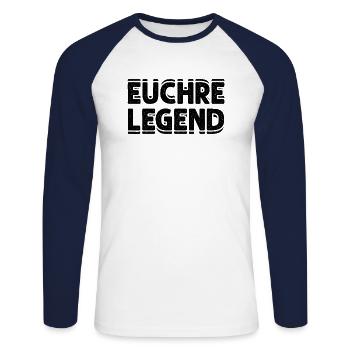 Cadeaux Euchre pour les joueurs d’Euchre Legend Game Night - T-shirt baseball manches longues Homme - blanc/marine - Devant - Nik (191cm)