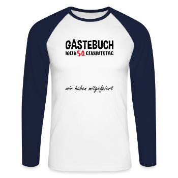 50th Birthday Guest Book Signature Guest - Unisex Baseballshirt langarm - Weiß/Navy - Vorne - Nik (191cm)