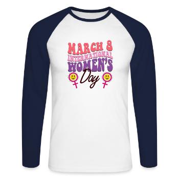 Vintage Style International Womens Day - Unisex Long Sleeve Baseball T-Shirt - white/navy - Front - Nik (191cm)