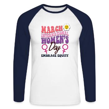 International Women's Day 2023 Theme Embrace Equit - Unisex Long Sleeve Baseball T-Shirt - white/navy - Front - Nik (191cm)