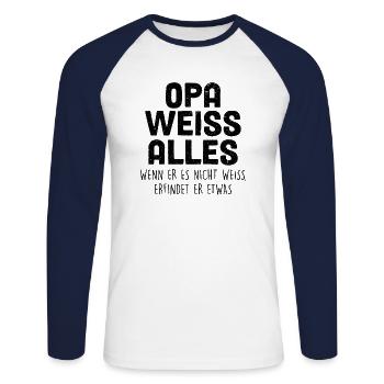 Opa Weiss Alles - Unisex Baseballshirt langarm - Weiß/Navy - Vorne - Nik (191cm)