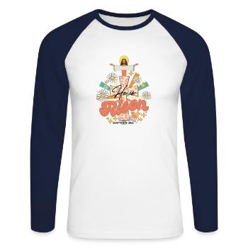 Jesus Bibelvers Retro Design mit Blumen Vintage - Unisex Baseballshirt langarm - Weiß/Navy - Vorne - Nik (191cm)