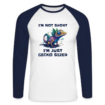 "I'm Not Short, I'm Just Gecko Sized" Cute Gecko - Unisex Long Sleeve Baseball T-Shirt - white/navy - Front - Nik (191cm)