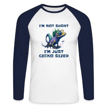"I'm Not Short, I'm Just Gecko Sized" Cute Gecko - Unisex Long Sleeve Baseball T-Shirt - white/navy - Front - Nik (191cm)