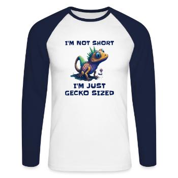 "I'm Not Short, I'm Just Gecko Sized" Cute Gecko - Unisex Long Sleeve Baseball T-Shirt - white/navy - Front - Nik (191cm)