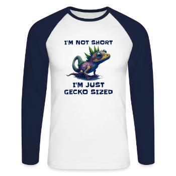 "I'm Not Short, I'm Just Gecko Sized" Cute Gecko - Unisex Long Sleeve Baseball T-Shirt - white/navy - Front - Nik (191cm)