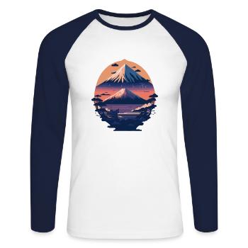 Serene Mount Fuji Sunset Peaceful River Scenery - Unisex Baseballshirt langarm - Weiß/Navy - Vorne - Nik (191cm)