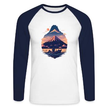 Serene Mount Fuji Sunset Peaceful River Scenery - Unisex Baseballshirt langarm - Weiß/Navy - Vorne - Nik (191cm)
