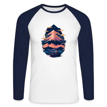 Serene Mount Fuji Sunset Peaceful River Scenery - Unisex Baseballshirt langarm - Weiß/Navy - Vorne - Nik (191cm)