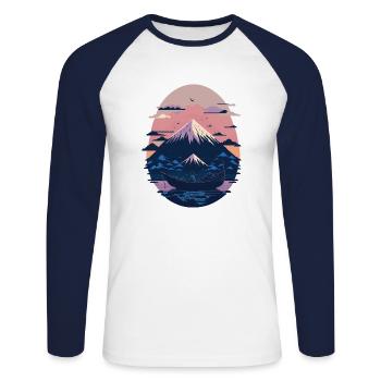 Serene Mount Fuji Sunset Peaceful River Scenery - Unisex Baseballshirt langarm - Weiß/Navy - Vorne - Nik (191cm)